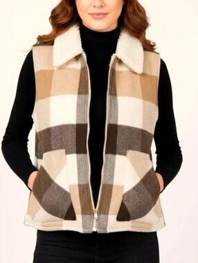 SANCTUARY Womens (M) Tan/Brown Plaid Wool Blend Zip-Up Vest w/ Sherpa Lining